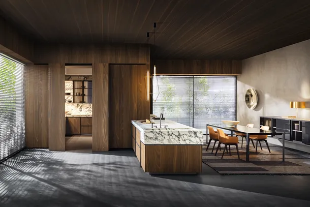 Cucina Design con penisola Ratio in Rovere Thermo e Vetro con top in marmo di Molteni & C